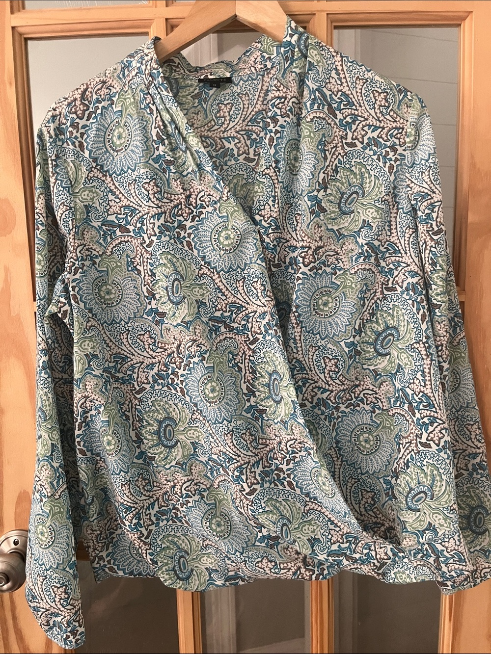 Talbots Long Sleeve Drape Front Paisley Blouse 12, lightweight, floral, 12